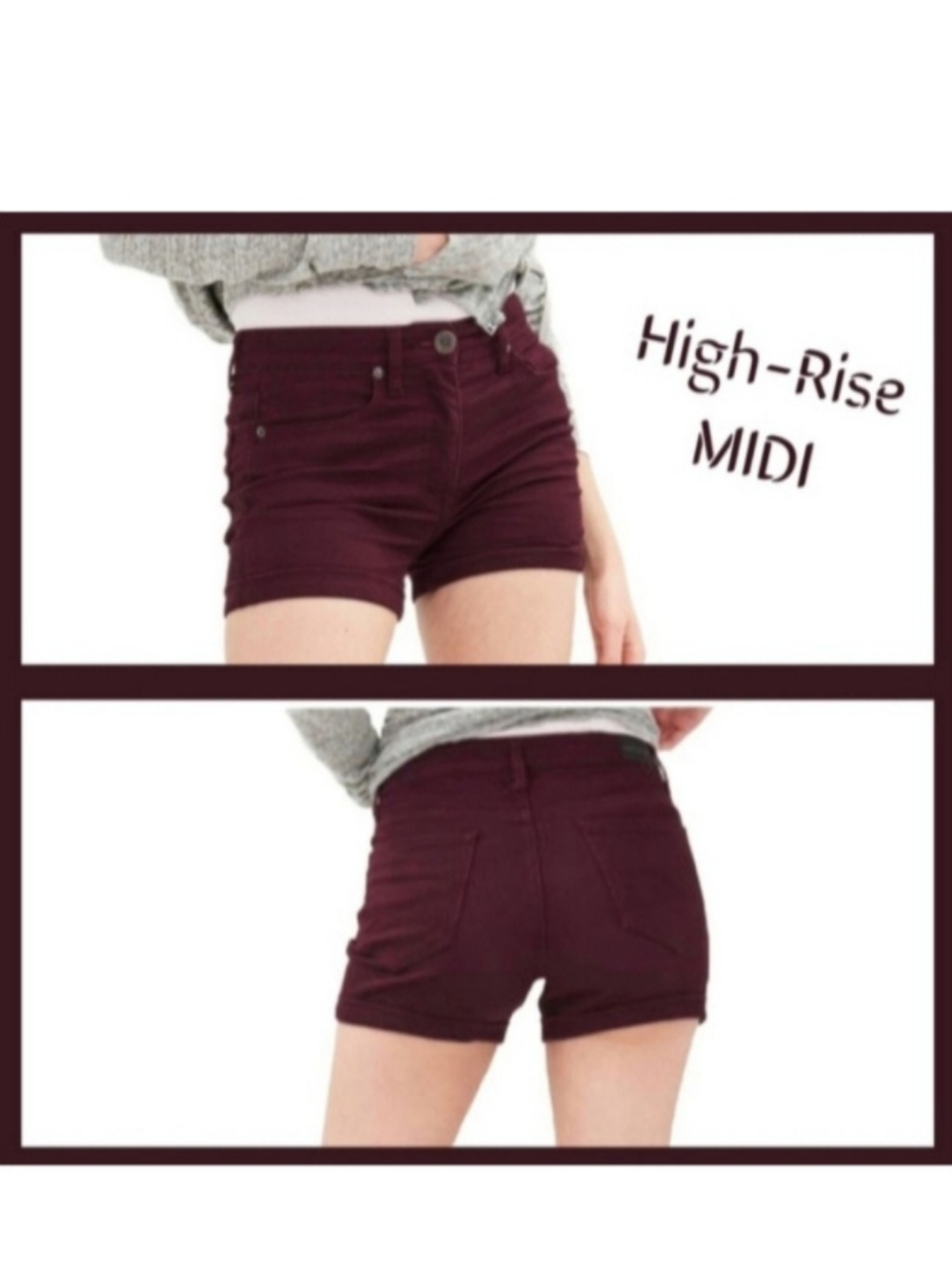 Aeropostale High Waisted MIDI BURGUNDY Cuffed Denim Jean Shorts | EUC